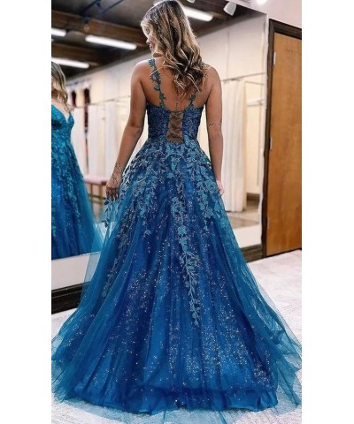 Women's Lace Applique V-Neck Prom Drsses Long Spaghetti Straps Sparkly Tulle Evening Party Gowns YO077 Wisteria $38.25 Dresses