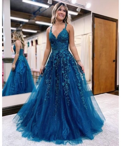 Women's Lace Applique V-Neck Prom Drsses Long Spaghetti Straps Sparkly Tulle Evening Party Gowns YO077 Wisteria $38.25 Dresses