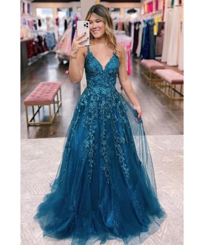 Women's Lace Applique V-Neck Prom Drsses Long Spaghetti Straps Sparkly Tulle Evening Party Gowns YO077 Wisteria $38.25 Dresses