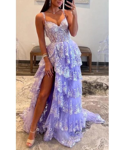 Tulle Tiered Prom Dress Sparkly Lace Applique Corset Long Train Formal Evening Party Gowns with Train for Women Champagne $41...