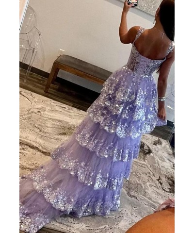 Tulle Tiered Prom Dress Sparkly Lace Applique Corset Long Train Formal Evening Party Gowns with Train for Women Champagne $41...