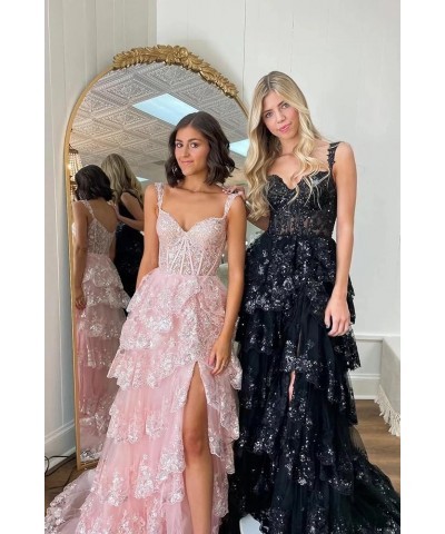 Tulle Tiered Prom Dress Sparkly Lace Applique Corset Long Train Formal Evening Party Gowns with Train for Women Champagne $41...