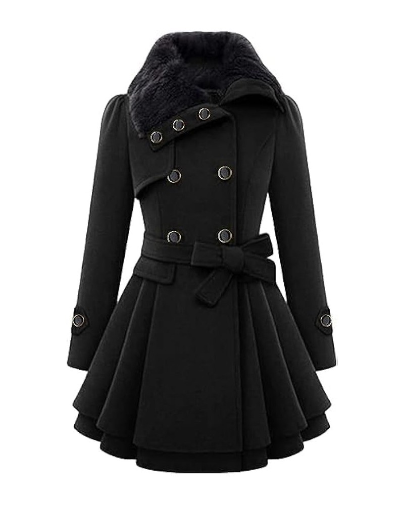 Women Winter Wool Blend Mid-Long Pea Coat Notch Double-Breasted Lapel Jacket Outwear Slim Trench Coat with Belt Black $23.21 ...