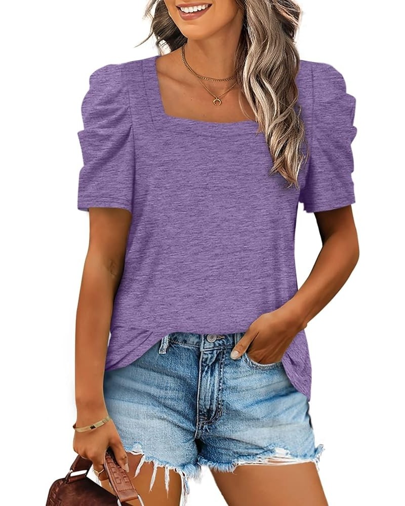 Women Shirts Square Neck Puff Sleeve Tops Casual Tshirts Flowy 06b-purple $9.79 T-Shirts