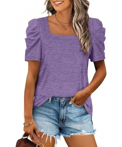 Women Shirts Square Neck Puff Sleeve Tops Casual Tshirts Flowy 06b-purple $9.79 T-Shirts