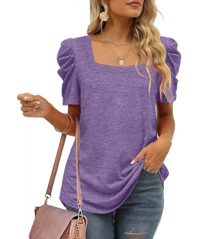 Women Shirts Square Neck Puff Sleeve Tops Casual Tshirts Flowy 06b-purple $9.79 T-Shirts