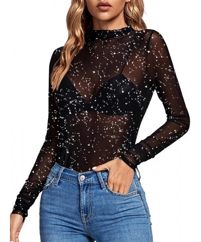 Women's Sheer Mesh See Through Mock Neck Long Sleeve Slim Fit Sexy Tee Blouse Top Glitter Black $17.39 Blouses