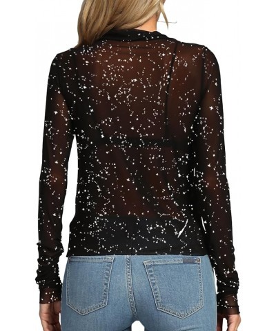 Women's Sheer Mesh See Through Mock Neck Long Sleeve Slim Fit Sexy Tee Blouse Top Glitter Black $17.39 Blouses