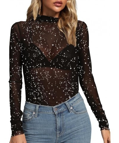 Women's Sheer Mesh See Through Mock Neck Long Sleeve Slim Fit Sexy Tee Blouse Top Glitter Black $17.39 Blouses