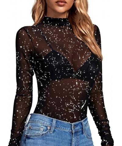 Women's Sheer Mesh See Through Mock Neck Long Sleeve Slim Fit Sexy Tee Blouse Top Glitter Black $17.39 Blouses