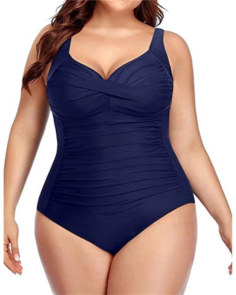 Plus Size Swimsuit for Women Tummy Control One Piece Swimwear V-Neck Slim Fit Beach Bathing Suit Solid Color Bikini Navy $10....