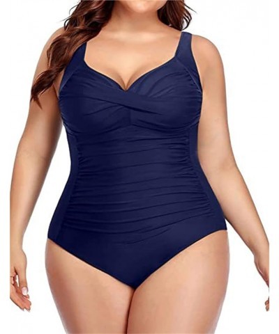 Plus Size Swimsuit for Women Tummy Control One Piece Swimwear V-Neck Slim Fit Beach Bathing Suit Solid Color Bikini Navy $10....