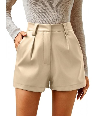 Women's PU Leather High Waisted Pleated Wide Leg Dressy Shorts with Pocket Solid Apricot $19.32 Shorts