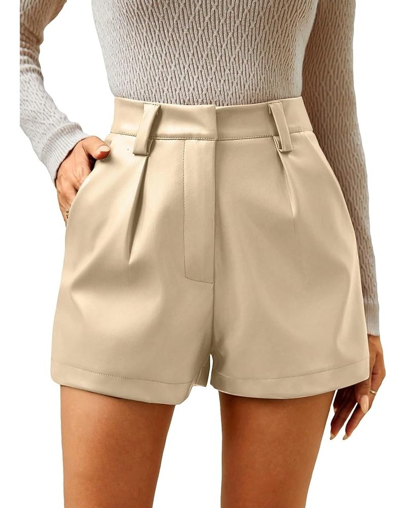 Women's PU Leather High Waisted Pleated Wide Leg Dressy Shorts with Pocket Solid Apricot $19.32 Shorts