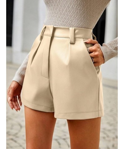 Women's PU Leather High Waisted Pleated Wide Leg Dressy Shorts with Pocket Solid Apricot $19.32 Shorts