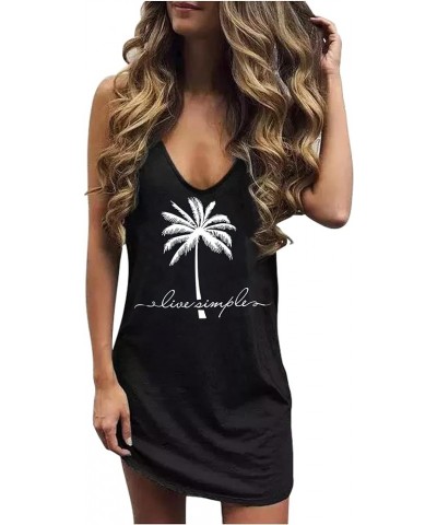 Live Simple Coconut Tree Sleeveless Mini Dress Summer Beach Mini Dress Women's Summer Casual Sexy V Neck Mini Tank Dress Blac...