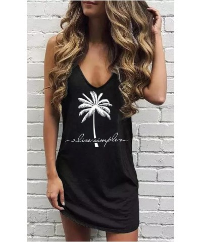 Live Simple Coconut Tree Sleeveless Mini Dress Summer Beach Mini Dress Women's Summer Casual Sexy V Neck Mini Tank Dress Blac...