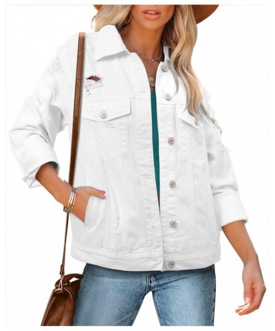 Women's Button Down Jean Jacket Regular Fit Long Sleeve Stretch Denim Jackets Coat with Pockets 03 White $14.70 Jackets