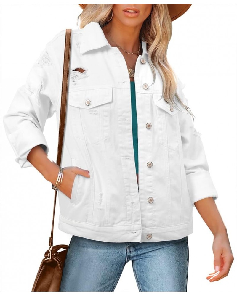 Women's Button Down Jean Jacket Regular Fit Long Sleeve Stretch Denim Jackets Coat with Pockets 03 White $14.70 Jackets