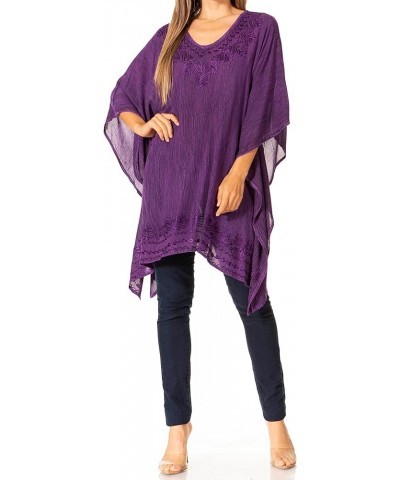 Wren Lightweight Circle Poncho Top Blouse With Detailed Embroidery A-purple $19.79 Blouses