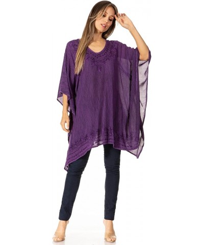 Wren Lightweight Circle Poncho Top Blouse With Detailed Embroidery A-purple $19.79 Blouses