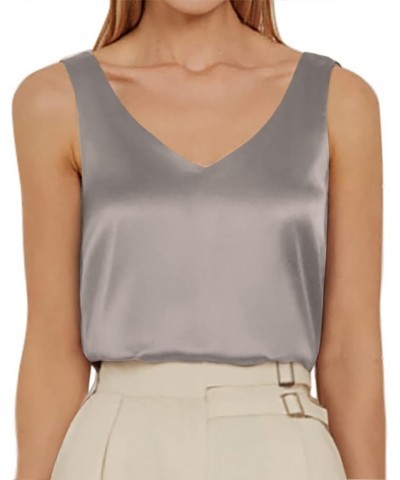 Sleeveless Satin Camisole for Women V Neck Silk Tank Top Casual Loose Blouse Light Grey $10.59 Tanks