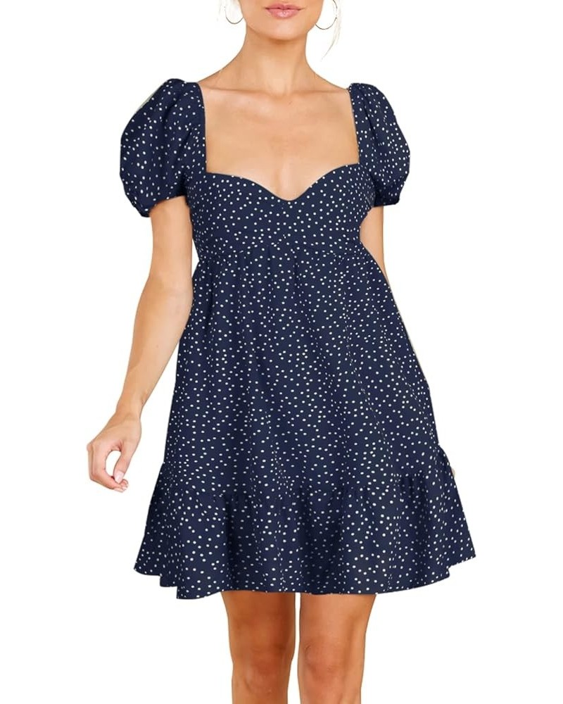 Women's 2024 Summer Dress,Square & Sweetheart Neck Dress Short Puff Sleeve A-Line Casual Mini Dress E: Polka Dot Dark Blue $1...