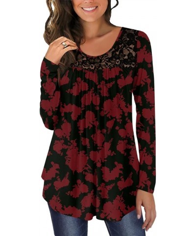 Womens Casual Loose Long Sleeves Tunic Tops Lace Panel Pleated T-shirts Blouses Long Sleeves Red Flowers + Long $11.59 Tops