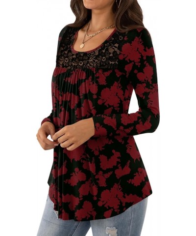 Womens Casual Loose Long Sleeves Tunic Tops Lace Panel Pleated T-shirts Blouses Long Sleeves Red Flowers + Long $11.59 Tops