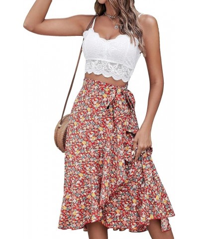 Women's Floral Print Wrap Tie Side Ruffle Trim A Line Boho Midi Skirt Multicolor $22.67 Skirts