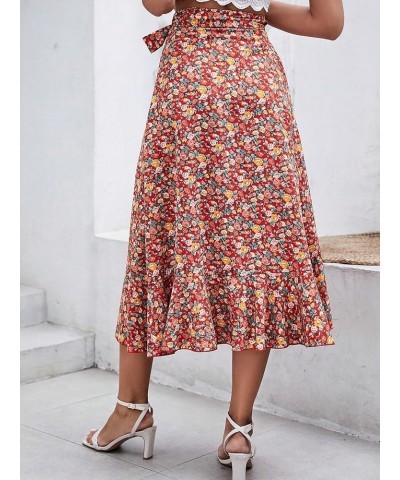 Women's Floral Print Wrap Tie Side Ruffle Trim A Line Boho Midi Skirt Multicolor $22.67 Skirts