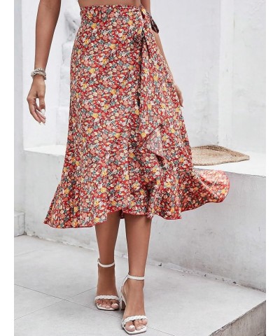 Women's Floral Print Wrap Tie Side Ruffle Trim A Line Boho Midi Skirt Multicolor $22.67 Skirts