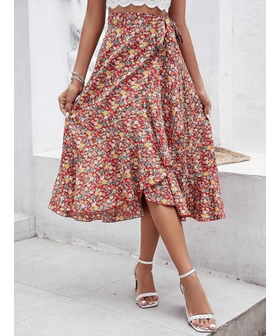 Women's Floral Print Wrap Tie Side Ruffle Trim A Line Boho Midi Skirt Multicolor $22.67 Skirts