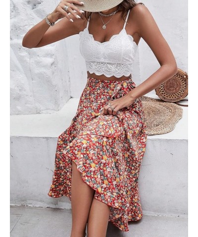 Women's Floral Print Wrap Tie Side Ruffle Trim A Line Boho Midi Skirt Multicolor $22.67 Skirts