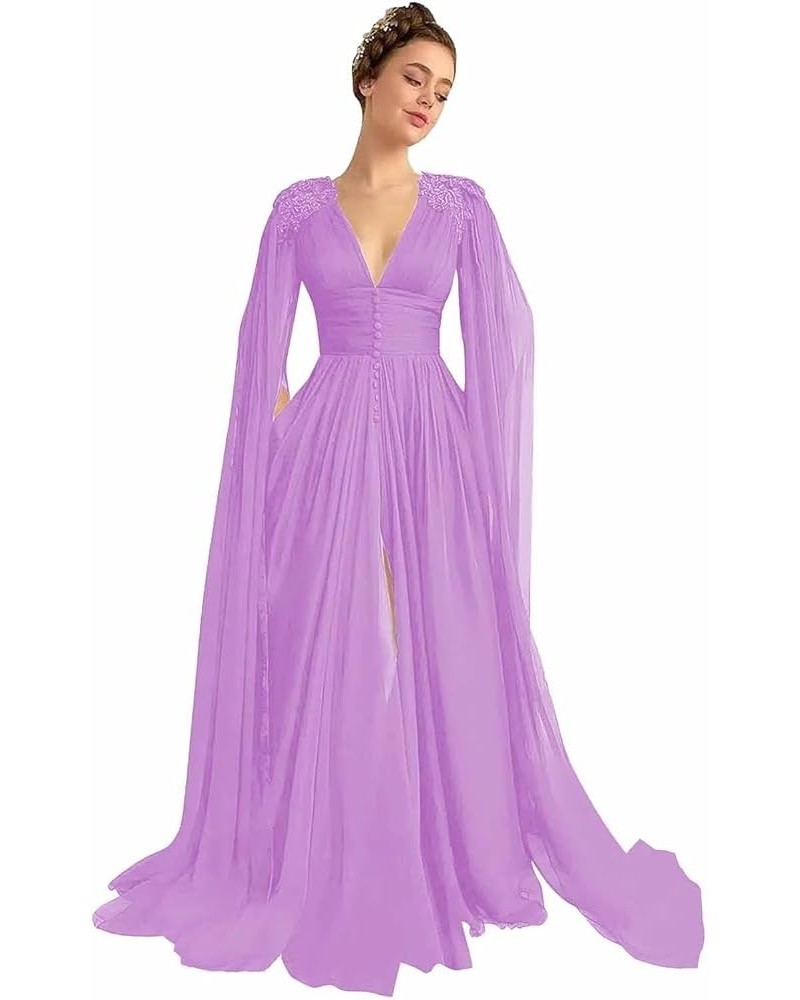 Women's Tulle Prom Dresses with Cape V Neck Lace Applique Ball Gowns Long Slit Formal Evening Dresses with Pockets Lilac $39....